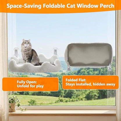 Homegroove Cat Window Perch, 24 x 12 Inch Foldable Cat Hammock for Window with 4-Sided Bolster & 4 Large Suction, Cloud Shape Cordless Window Bed for Indoor Cats (White, Large(24'' x 12''))