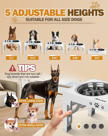 Elevated Dog Bowls for Medium Large Size Dogs, Non-Slip Dog Feeder with 1*Stainless Steel Dishes & 1*Slow Feeder Bowl, 5 Heights Adjustable Raised Bowls to 3.15″-8.66″-9.84″-11.02″-12.2″