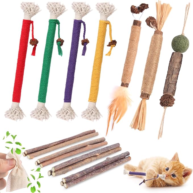 Kyouki Cat Toys Cat Chew Toys, Silvervine Sticks Catnip Rope Toys for Cats Teeth Cleaning, Kitten Dental Care, Kitty for Indoor Cats Increase Appetite,Enhances Oral & Dental Health (20 Pack)