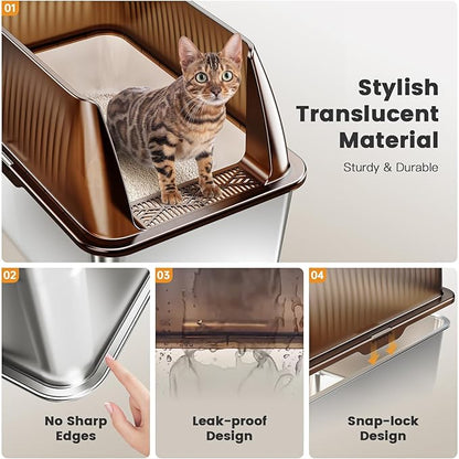 Tripamin 15” XL Stainless Steel Cat Litter Box Enclosure, XXL Stainless Steel High Sides with Lid, Extra Large Metal Cat Litter Box (Transluce, 2-pcs XX-Large)