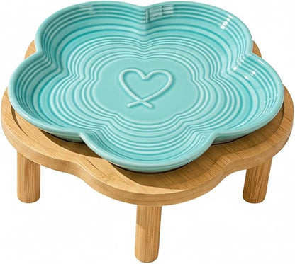 PawsPik Flower Ceramic Cat Feeding Plate with Raised Bamboo Stand, Elevated Whisker-Friendly Pet Bowl, Anti-Slip Stable Design, Dishwasher Safe (Blue)