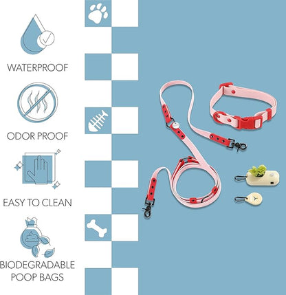 WLK1004G-5SET Luna Small 8FT Adjustable 6-in-1 Waterproof Hands-Free Leash and Collar with LED Flashlight, Bag Dispenser, and Poop Bag Holder, Paloma