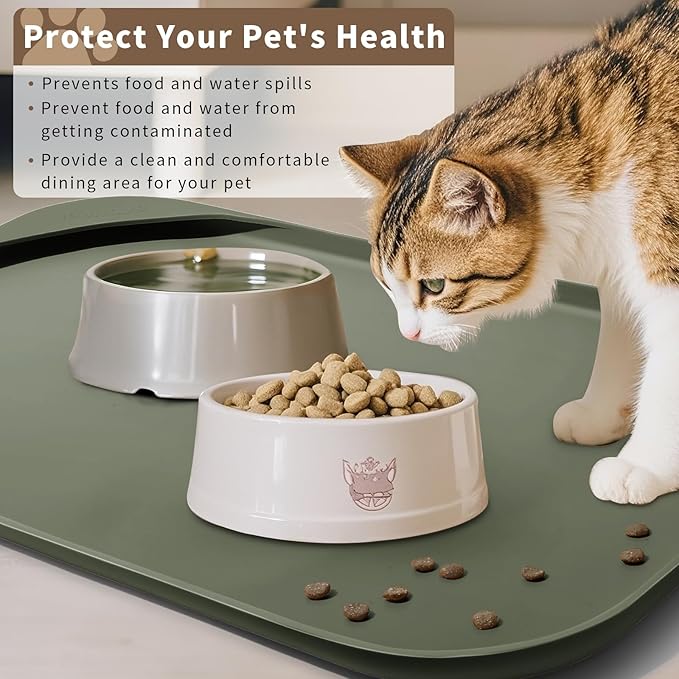 Silicone Pet Food Mat with Raised Edge for Food and Water Bowl, Dog Feeding Mats, Cat Food Trays for Floor Waterproof, Rubber Tray for Dogs and Cats, 24 x 16 x 0.8 Light Olive Green