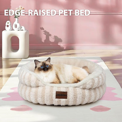 Cat Bed Kitten Bed - Washable Round Cat Beds for Indoor Cats, Soft Corduroy Fleece Pet Bed for Puppy and Kitten with Removable Double Sided Inner Cousion, 20", Beige
