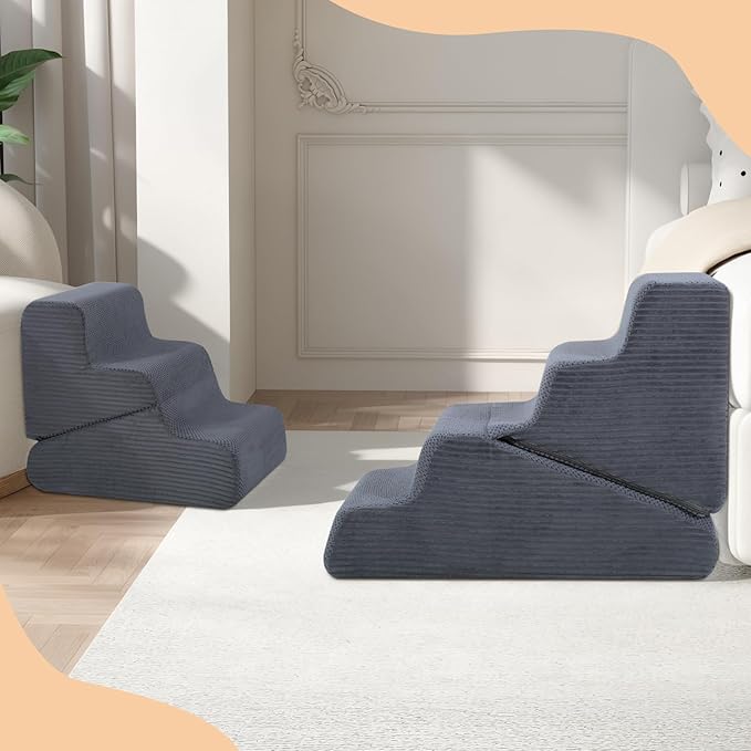 Dog Ramp for Bed, 20" H Dog Stairs for High Bed, 2 in 1 Pet Steps for Small Dogs, 4-Step Foldable Transformable Large Cats Ramp to Get on Couch, Non-Slip Balanced, Grey