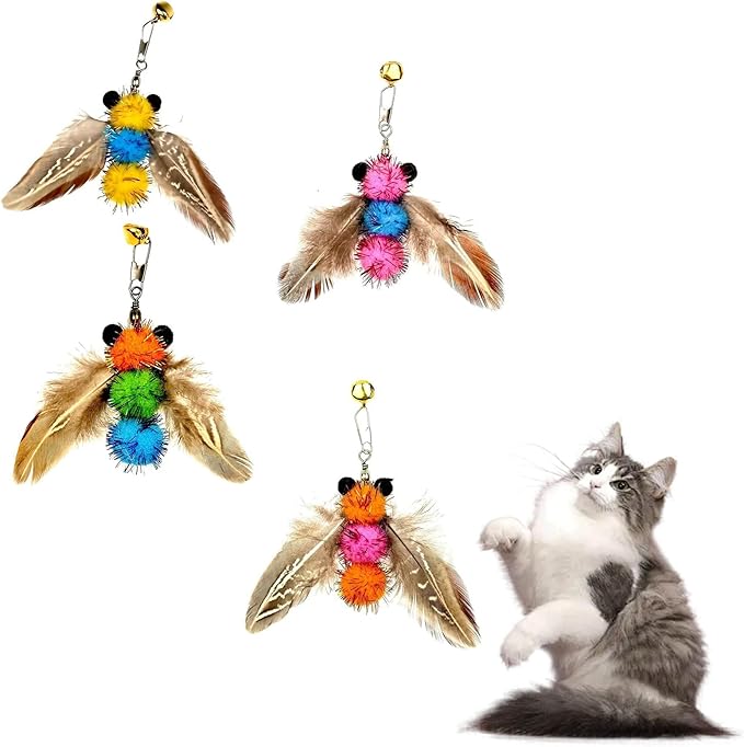 LWINGFLYER 4 PCS Cat Feather Toys Refill Insect Bee,Feather Cat Toys, Kitty Wand Toy Refill,Cat Toy Wand Replacement Attachments,Interactive Cat Toys for Indoor Cats