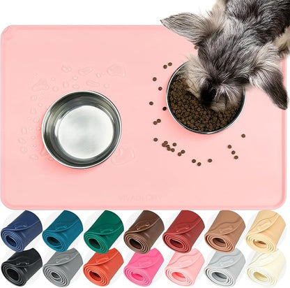 VIVAGLORY Dog Food Mat Flexmat Dog Bowl Mat, Placemat Food Tray with Raised Edges & Lip for Indoor Floor, Non Slip Waterproof Silicone Dish Placemat for Cat & Pet, S, Sakura Pink