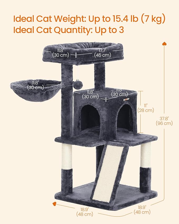 Feandrea Cat Tree, 37.8-Inch Cat Tower, Multi-Level Condo with Widened Perch, Scratching Posts and Ramp, 2-Door Cave, Hammock, Smoky Gray UPCT51G