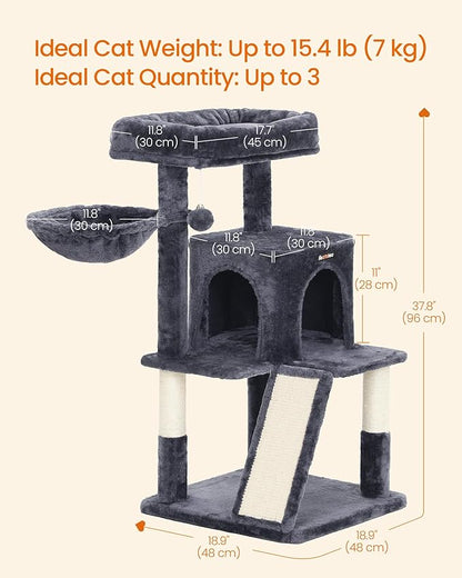 Feandrea Cat Tree, 37.8-Inch Cat Tower, Multi-Level Condo with Widened Perch, Scratching Posts and Ramp, 2-Door Cave, Hammock, Smoky Gray UPCT51G
