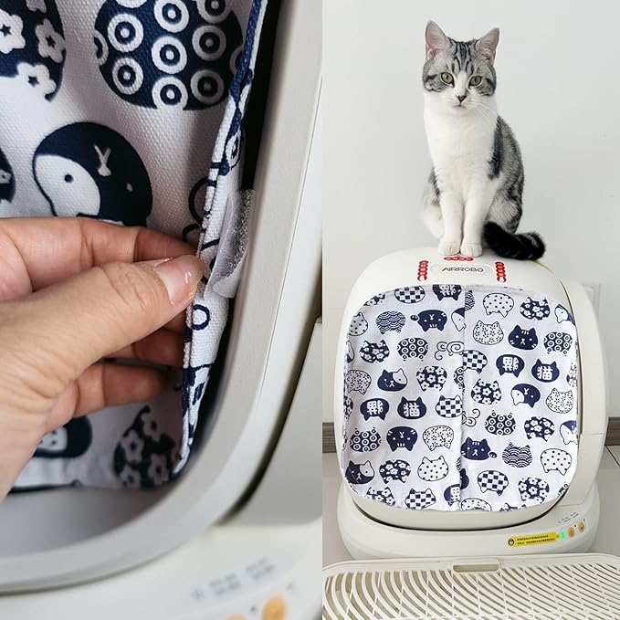 Curtain for Self Cleaning Cat Automatic Litter Box, Reduces Bounce, Stops Odors from The Litter Box Self Cleaning, Large-Diameter Trays Also Suitable.(White Cat)