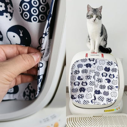 Curtain for Self Cleaning Cat Automatic Litter Box, Reduces Bounce, Stops Odors from The Litter Box Self Cleaning, Large-Diameter Trays Also Suitable.(White Cat)