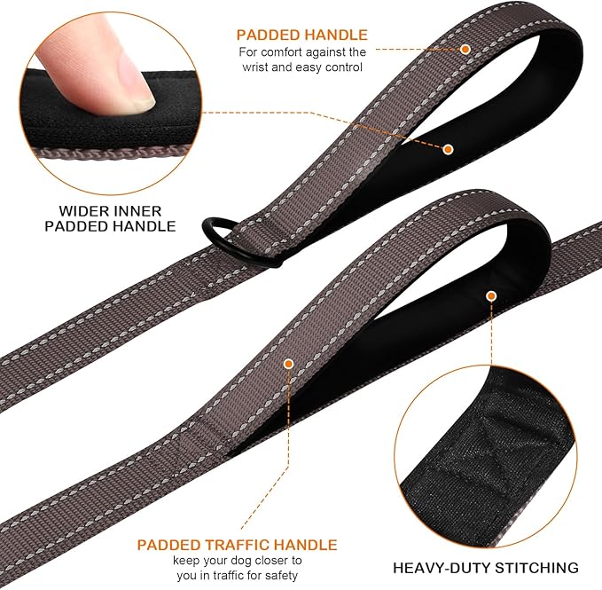 Joytale Dog Leash Heavy Duty for Large Dogs that Pull, Double Handle for Traffic Control, Double-Sided Reflective Leashes for Large Medium Dogs Night Safety, 6FT, Brown