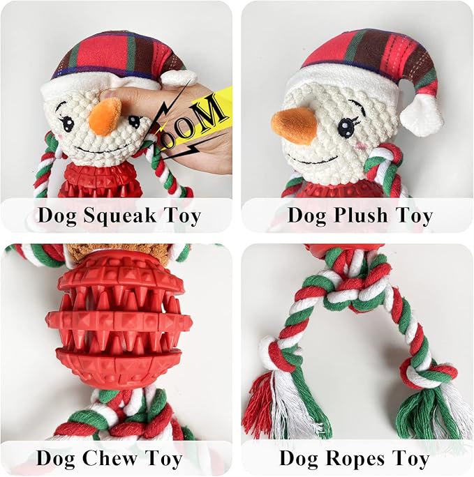 Dog Christmas Toys for Small Medium Large Dogs, Squeaky Plush Dog Toys + Interactive Dog Toys + Dog Rope Toys Multi Function Cute Snowman Puppy Toys for Christmas