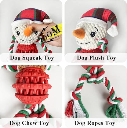 Dog Christmas Toys for Small Medium Large Dogs, Squeaky Plush Dog Toys + Interactive Dog Toys + Dog Rope Toys Multi Function Cute Snowman Puppy Toys for Christmas