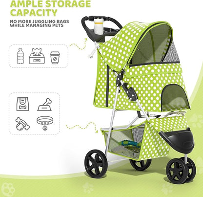 Magshion 3-Wheel Pet Stroller, Foldable Travel Jogger for Small & Medium Dogs & Cats (Up to 33lbs), Lightweight Carrier with Breathable Mesh Cover, Cup Holder & Storage Basket, Lawn Green Polka Dots