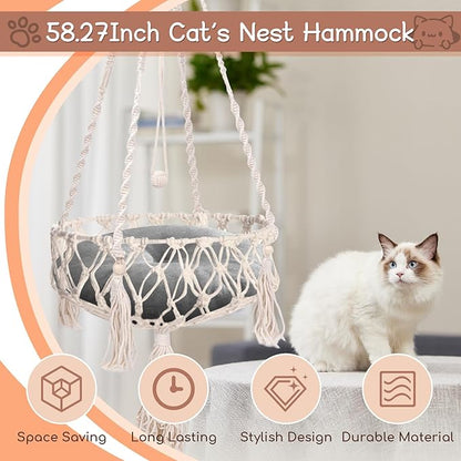 VINGVO Macrame Cat Hammock Bed, 58.27" Handwoven Pet Hanging Swing Bed with Hook for Wall, Foldable Kitten Window Perch for Indoor Outdoor Sports Playing Sleeping Climbing Lounging
