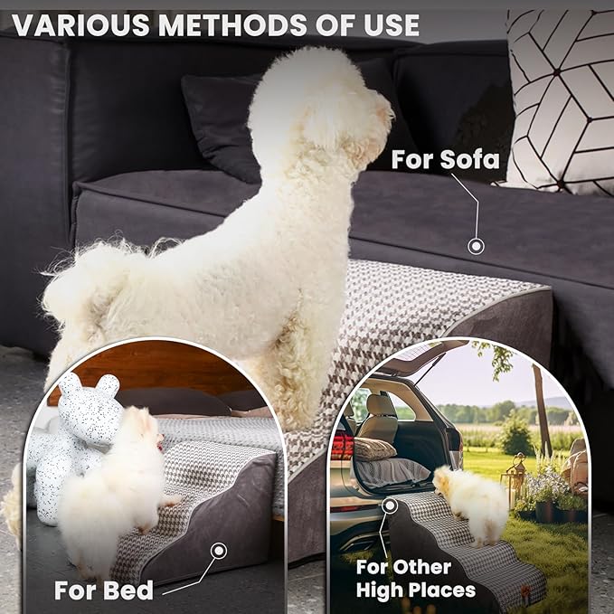 Laifug Curved Dog Stairs for Small Dogs, 3-Step Pet Stairs for High Beds and Couch, Non-Slip Balanced Dog Indoor Step with High Density Foam, Houndstooth Double Layer Dog Staircase