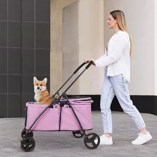 20% Larger Capacity, Wedyvko Dog Stroller for Medium/Small Pets w/Dog Poop Bags & Dispenser, Storage Pouch, Zipperless, Entry in/Out Easy, Max Load 55 lbs