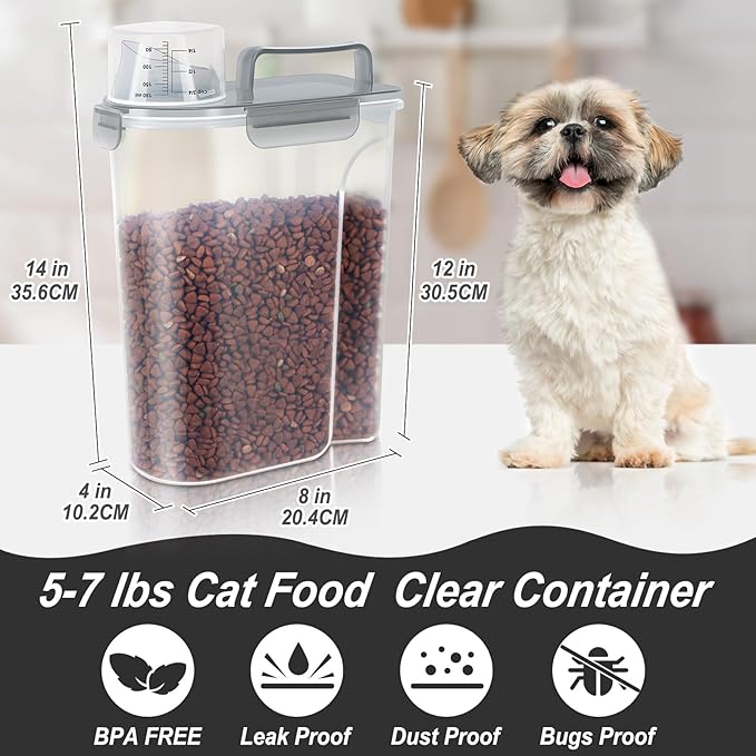 5-7Lbs Dog Cat Food Storage Container with Upgraded Large Nozzle BPA-free, 4 Snap Seals Plastic Pet Food Storage Containers with Handles (Claer(Pink+Grey), 5L-2pack)