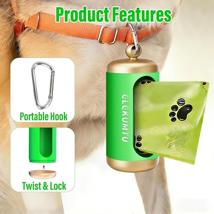 Dog Poop Bag Dispenser, Upgraded Aluminum Poop bag Holders for Leashes, Durable Leakproof Pet Waste Holder w/Carabiner Clip, 2 Rolls Waste Bags Included, Outdoor Dog Walking Travel (Green)