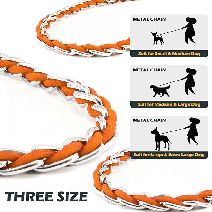Chain Dog Leash Chew Proof Metal Leash for Medium Large Dogs, Chain Link Dog Anti Chew 5.2FT / 4FT Strong Anti Bite Comfortable Soft Padded Handle (Orange, 4FT(30-80lb)