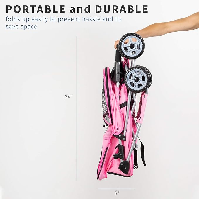 VIVO Pink 4 Wheel Pet Stroller for Cat, Dog and More, Foldable Carrier Strolling Cart, STROLR-V001N