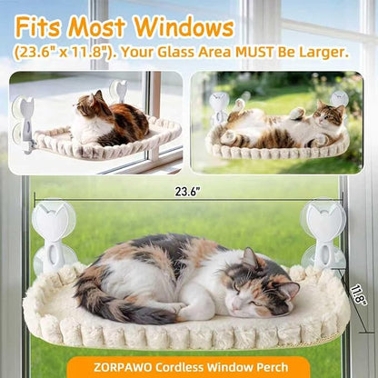 Cat Window Perch - Cordless Foldable Double-Sided Cat Hammock with Metal Frame, Machine Washable Bed for Large Cats & Kittens to Sunbathe Safely-Beige