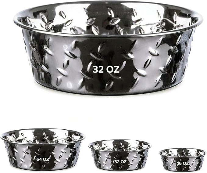 Palz&Co Stainless Steel Platinum Embossed Dog Bowl with Non Slip, No Spill Bottom - Food & Water Dish for Dog, Cat, Small Animals, Dishwasher Safe (Medium Large 32 oz)