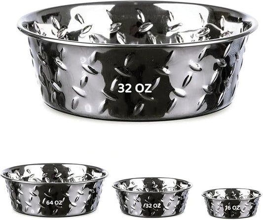 Palz&Co Stainless Steel Platinum Embossed Dog Bowl with Non Slip, No Spill Bottom - Food & Water Dish for Dog, Cat, Small Animals, Dishwasher Safe (Medium Large 32 oz)