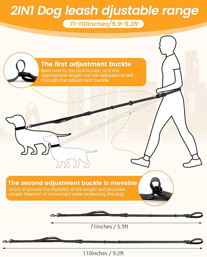 Hands Free Dog Leash, 2-in-1 Detachable Pet Seatbelt,5.9-9.2 ft Crossbody Dog Leash with Double-Sided Reflective for Walking, Hiking, Travel etc (Black)