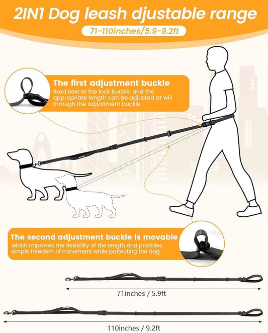 Hands Free Dog Leash, 2-in-1 Detachable Pet Seatbelt,5.9-9.2 ft Crossbody Dog Leash with Double-Sided Reflective for Walking, Hiking, Travel etc (Black)