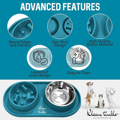 Pets Anti Skid Double Slow Feeder Dog Bowls with Non Skid Silicone Mat - Stainless Steel Dog Water Bowl for Cats & Pets Beautiful Dirty Blue Color