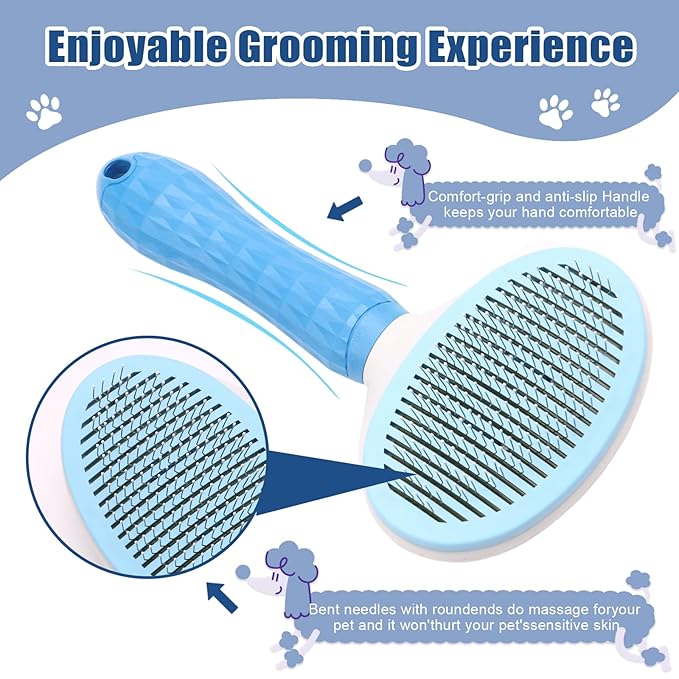 Self Cleaning Slicker Brush, Dog Cat Bunny Pet Grooming Shedding Brush - Easy to Remove Loose Undercoat, Pet Massaging Tool Suitable for Pets with Long or Short Hair (Blue)