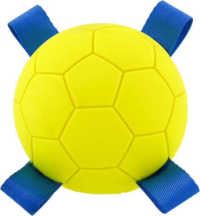 Hartz Dura Play Sports Soccer Dog Toy, Bacon Scented Squeaky Latex Yellow & Blue Toy, 1 Count