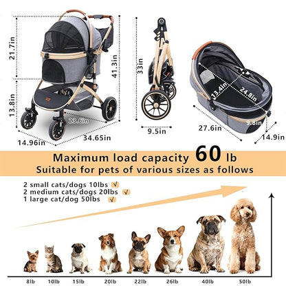 Pettingzoo Dog stroller with 4 Wheels, Folding Cat Stroller for Small/Medium/Large dogs & cats to 60 lbs, pet stroller with removable carrier, Storage BasketCup Holder,3 in1 Multifunctional Detachable