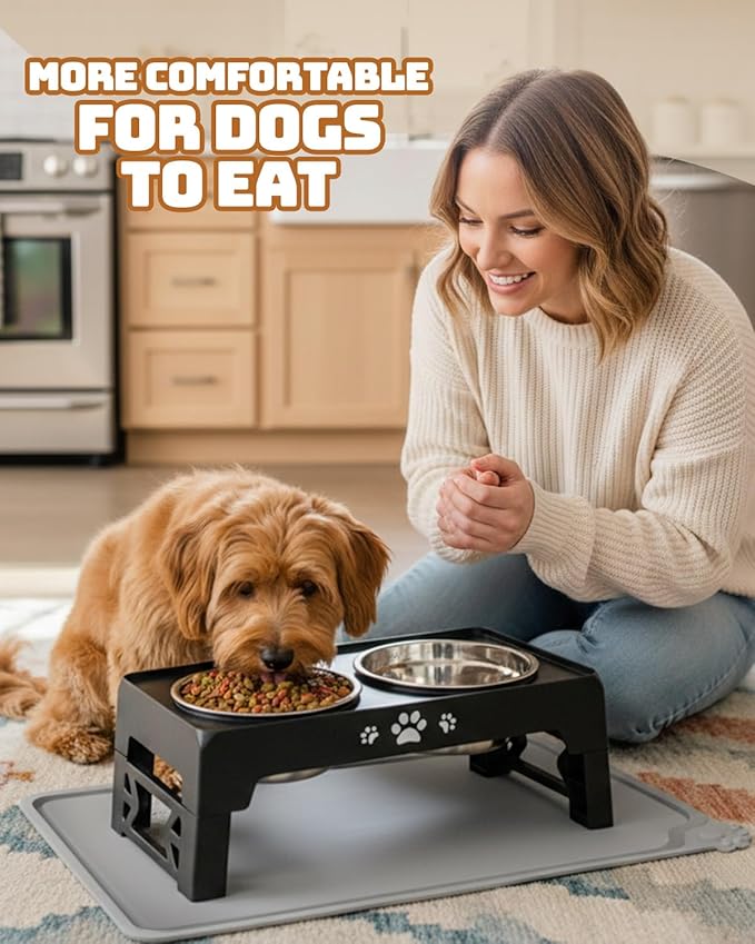 Elevated Dog Bowls for Small Dogs and Cats with Mat, Non-Slip Cat Bowls with 2 Thick 5.5" Stainless Steel Dishes, Dog Feeder 2 Heights Adjustable to 2.6"-5.3"