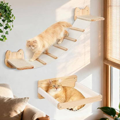 Cat Wall Shelves and Hammock Set, Cat Bridge Wall-Mounted with Climbing Steps and Sisal Roped Scratch Perch, Multi-Level Cats Walls Furniture Bed for Indoor Cats