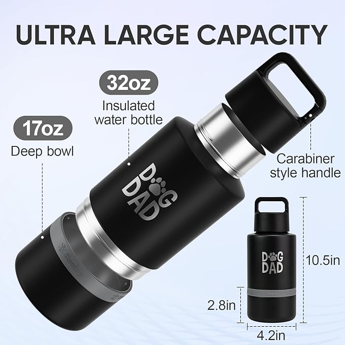 Dog Dad Gift, Insulated Dog Water Bottle with Travel Bowl, Men Christmas, Birthday for DogLover, Portable Water Bottle Dispenser, Accessories for Car, Camping, Outdoor, Detachable (DogDad-Black)