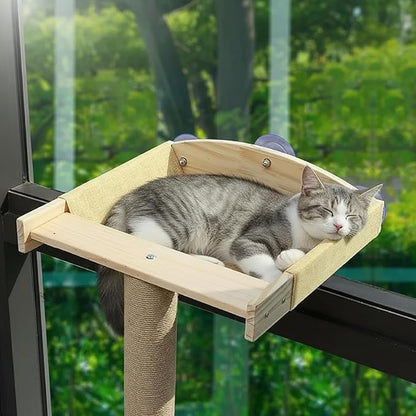 42'' Cat Tree Window Sill Perch with Tall Vertical Scratching Post Height-Adjustable Indoor Hammock Bed for Large Cats Drill-Free Suction Cup Climbing Tree Tower for Sunbathing & Bird Watching (Wood)