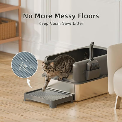 High-Sided Stainless Steel Cat Litter Box,Stainless Steel Litter Box with Lid,Extra Large Cat Toilet, Easy-to-Clean Metal Litter Pan for Cats (24''L X 16''W X 12''H with Scoop&mat)