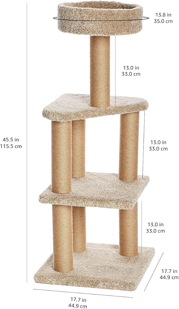 Amazon Basics Cat Tree Tower - Multi-Level Climbing Activity Center for Indoor Cats & Kittens with Scratching Posts, Platform, Jute Rope, Large (45.9"H), Beige