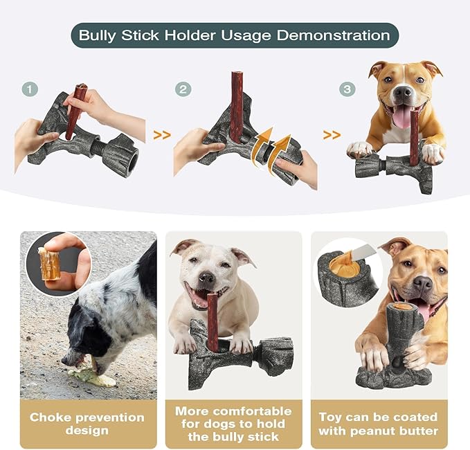 Bully Stick Holder & Frozen Snack Toy 2-in-1 for Large Aggressive Chewers, Durable Dog Chew Toy Reduces Anxiety & Prevents Choking, BPA-Free