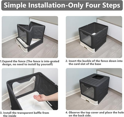 Foldable Cat Litter Box with Lid, Enclosed Potty, Large Top Entry Anti-Splashing Toilet, Easy to Clean Including Litter Scoop and 2-in-1 Cleaning Brush (Black)
