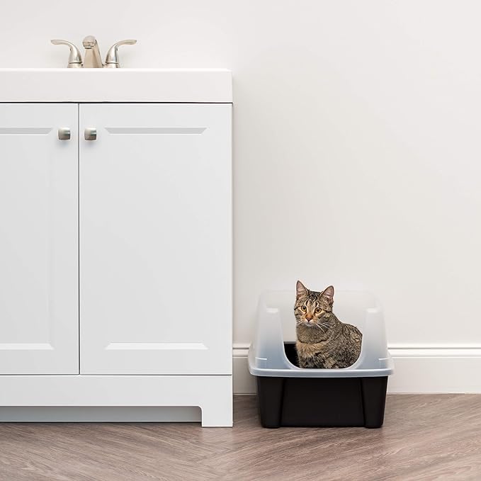 IRIS USA Large Open Top Cat Litter Box with High Sided Walls Tall Scatter Shield Scoop Included Easy Clean Plastic Pan Stain Resistant for Big Cats Kittens Indoor Multi-Cat Households