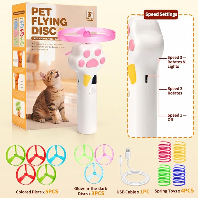 BABORUI Cat Toy Disc Launcher, Rechargeable Interactive Cat Fetch Toy Launcher with 8 Flying Discs, Flying Enrichment Toys for Indoor Bored Kittens & Adult Cats (White)