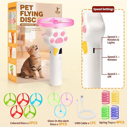 BABORUI Cat Toy Disc Launcher, Rechargeable Interactive Cat Fetch Toy Launcher with 8 Flying Discs, Flying Enrichment Toys for Indoor Bored Kittens & Adult Cats (White)