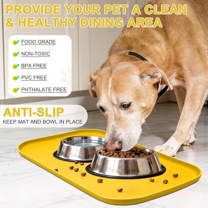 Silicone Pet Food Mat with Raised Edge for Food and Water Bowl, Dog Feeding Mats, Cat Food Trays for Floor Waterproof, Rubber Tray for Dogs and Cats, 22 x 14 x 0.8 Vivid Yellow