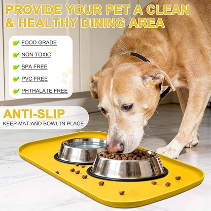 Silicone Pet Food Mat with Raised Edge for Food and Water Bowl, Dog Feeding Mats, Cat Food Trays for Floor Waterproof, Rubber Tray for Dogs and Cats, 22 x 14 x 0.8 Vivid Yellow