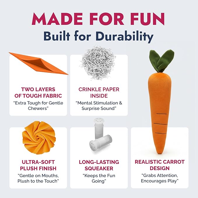 Pet Lou 15 Inch Carrot Plush Dog Toy for Soft Chewers – Durable Squeaky & Crinkle, Anti Boredom Chew Toy for Dogs, Cute Soft Stuffed Calming Indoor Pet Toy for All Dog Breeds