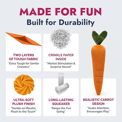 Pet Lou 15 Inch Carrot Plush Dog Toy for Soft Chewers – Durable Squeaky & Crinkle, Anti Boredom Chew Toy for Dogs, Cute Soft Stuffed Calming Indoor Pet Toy for All Dog Breeds
